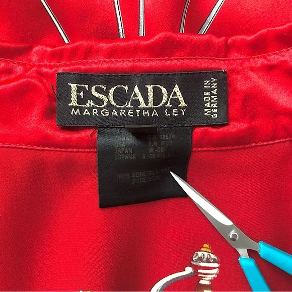 Vintage 1980s Designer Escada Red Sword Print Blouse 100% Silk Size Medium - Picture 6 of 9